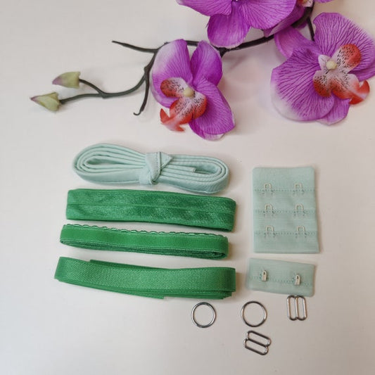 Haberdashery sewing set for bra with underwire band, strap band, underbust band, elastic band, bra clasp, rings and slider leaf green/leaf green IDbhkwx7