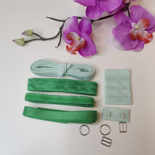 Kit de couture de mercerie pour soutien-gorge avec bande à armatures, bande de sangle, bande sous poitrine, bande élastique, fermoir de soutien-gorge, anneaux et curseur vert feuille/vert feuille IDbhkwx7