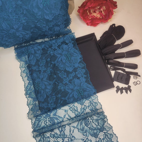 Dessous Nähpaket für BH + Höschen / Unterwäsche nähen DIY Nähset mit Spitze und Mikrofaser in petrol schwarz. Lingerie sewing kit IDnsx1