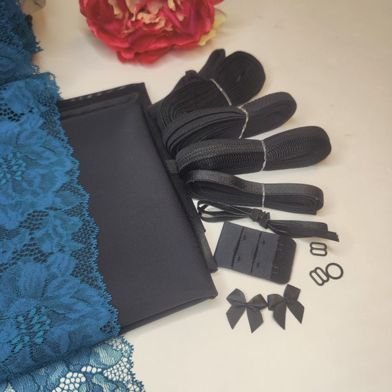 Dessous Nähpaket für BH + Höschen / Unterwäsche nähen DIY Nähset mit Spitze und Mikrofaser in petrol schwarz. Lingerie sewing kit IDnsx1