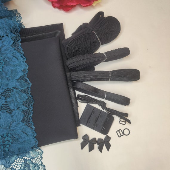 Dessous Nähpaket für BH + Höschen / Unterwäsche nähen DIY Nähset mit Spitze und Mikrofaser in petrol schwarz. Lingerie sewing kit IDnsx1