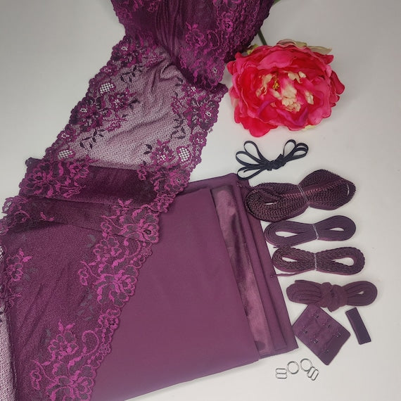 Kit de couture de lingerie à coudre soi-même pour soutien-gorge et culotte/paquet de couture créatif avec dentelle, microfibre, powernet, tissu en prune sur noir IDnsx1