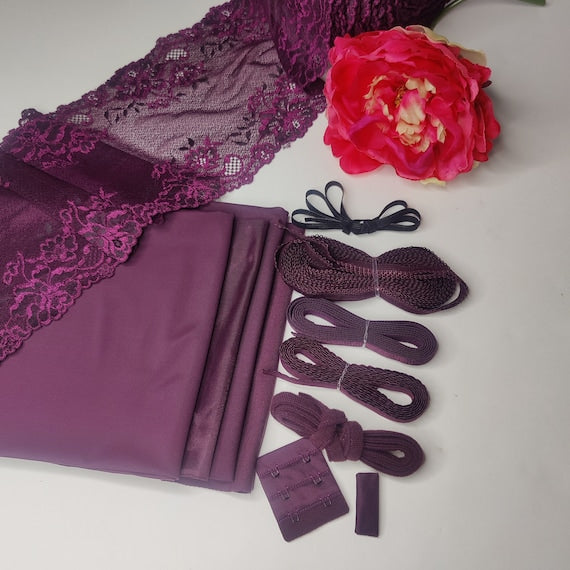 Kit de couture de lingerie à coudre soi-même pour soutien-gorge et culotte/paquet de couture créatif avec dentelle, microfibre, powernet, tissu en prune sur noir IDnsx1