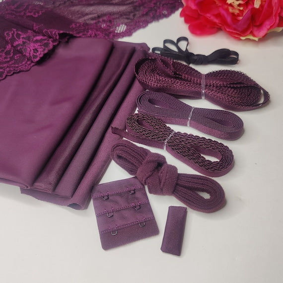 Lingerie sewing set for sewing yourself for bra and panties/creative sewing package with <tc>lace</tc>, microfiber, powernet, fabric in plum on black IDnsx1