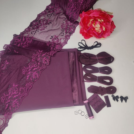 Lingerie sewing set for sewing yourself for bra and panties/creative sewing package with <tc>lace</tc>, microfiber, powernet, fabric in plum on black IDnsx1