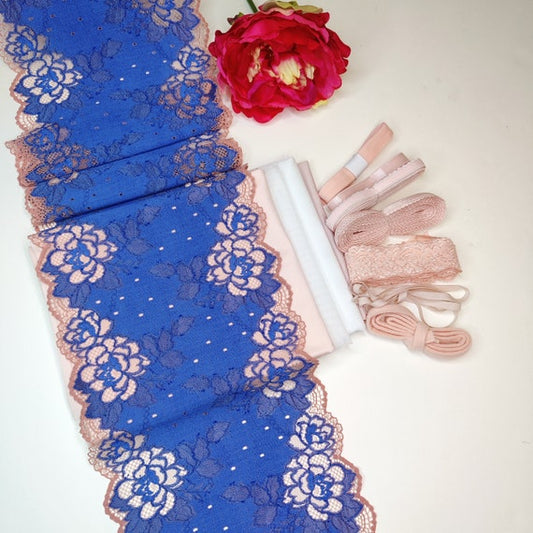 Bra + panties diy sewing set/creative sewing package with <tc>lace</tc> and microfiber, jeans blue and cheeky peach. Lingerie sewing kit with stretch lace IDnsx1
