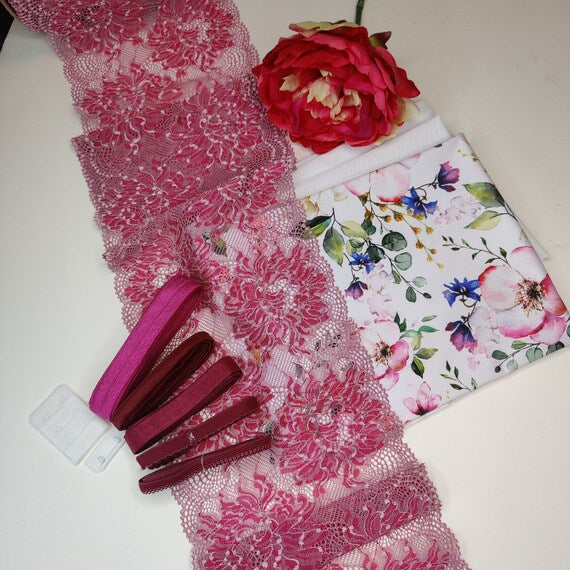 Conjunto de costura DIY sujetador + bragas / paquete de costura para coser tu propia lencería<tc>Encaje</tc> y microfibra flor sueño/flamenco IDnsx1