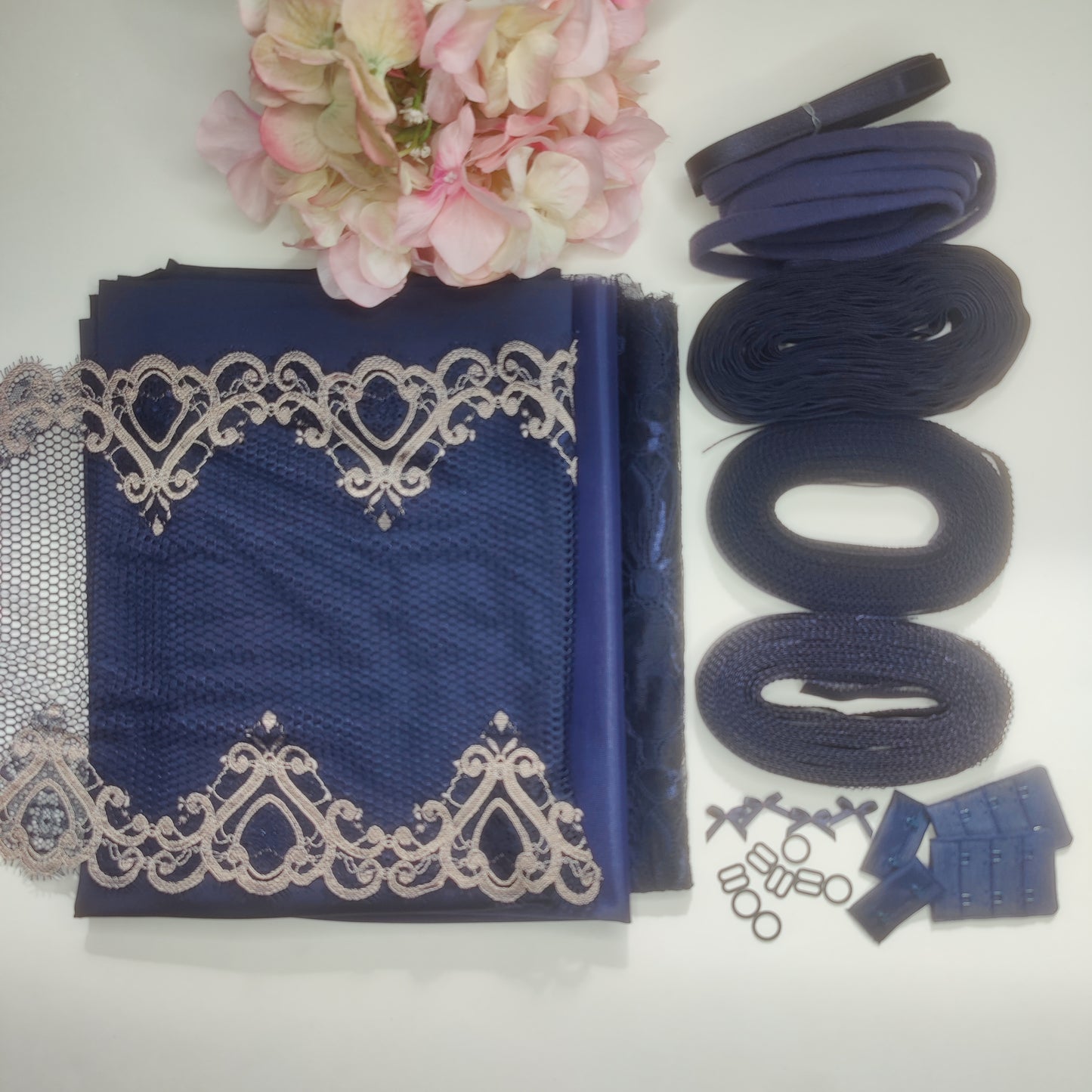 Sewing kit for 2 bras and panties or sewing kit with elastic <tc>lace</tc>Microfiber and powernet. Sewing your own bra and panties. Midnight blue duo. IDnsx1