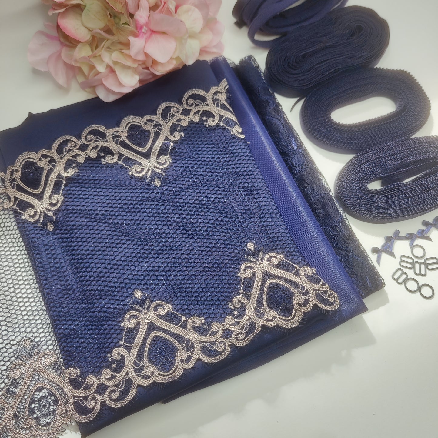 Sewing kit for 2 bras and panties or sewing kit with elastic <tc>lace</tc>Microfiber and powernet. Sewing your own bra and panties. Midnight blue duo. IDnsx1
