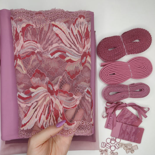 Nähset für BH und Höschen bzw. Nähpaket mit elastischen Spitze, Mikrofaser und Powernet-Knit in flamingo. IDnsx1