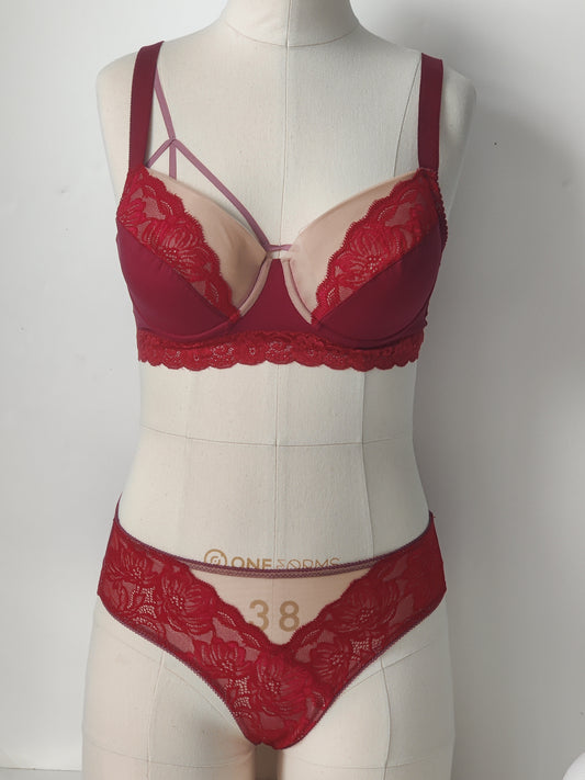 Kit da cucito per 2 reggiseni e slip o pacchetto da cucito con pizzo elastico, microfibra e powernet. Lampone. Materiale per cucire reggiseno e slip da soli. IDnsx1
