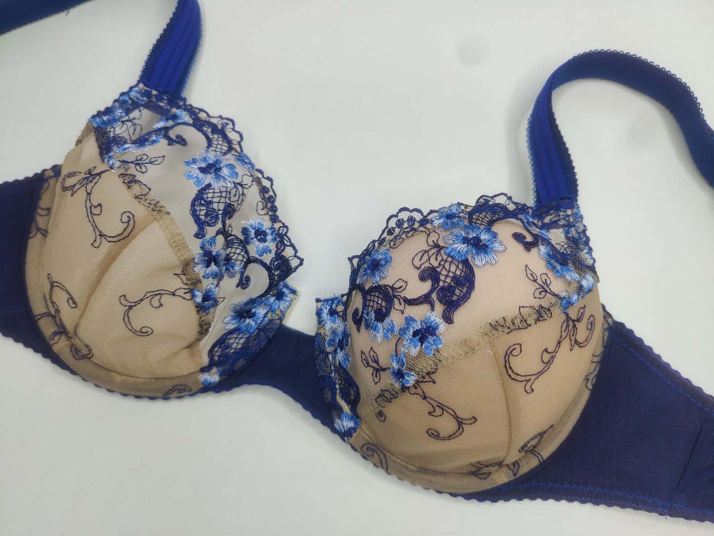 Sewing kit for 2 bras and panties or sewing package with two lace fabrics, microfiber, and powernet. Midnight blue. Sew your own bra and panties material. IDnsx1