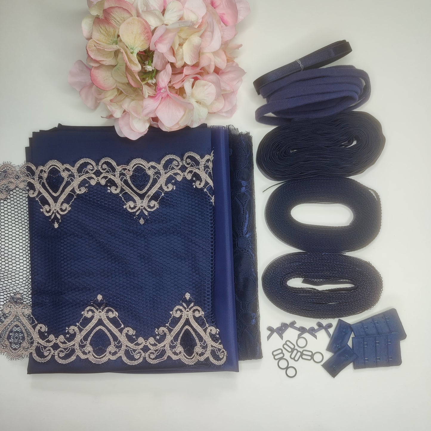 Sewing kit for 2 bras and panties or sewing kit with elastic <tc>lace</tc>Microfiber and powernet. Sewing your own bra and panties. Midnight blue duo. IDnsx1