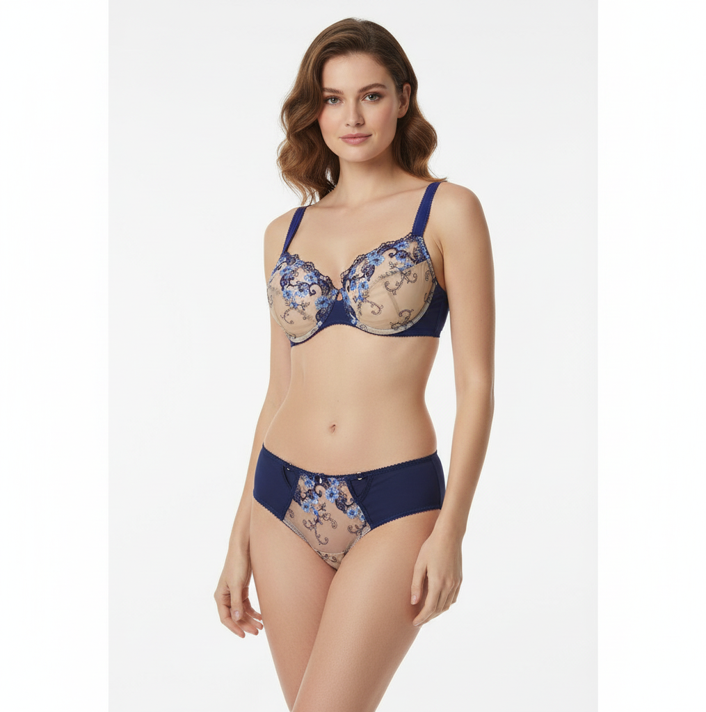 Sewing kit for 2 bras and panties or sewing package with two lace fabrics, microfiber, and powernet. Midnight blue. Sew your own bra and panties material. IDnsx1