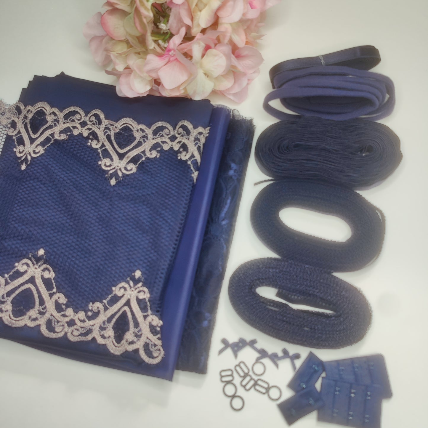 Sewing kit for 2 bras and panties or sewing kit with elastic <tc>lace</tc>Microfiber and powernet. Sewing your own bra and panties. Midnight blue duo. IDnsx1