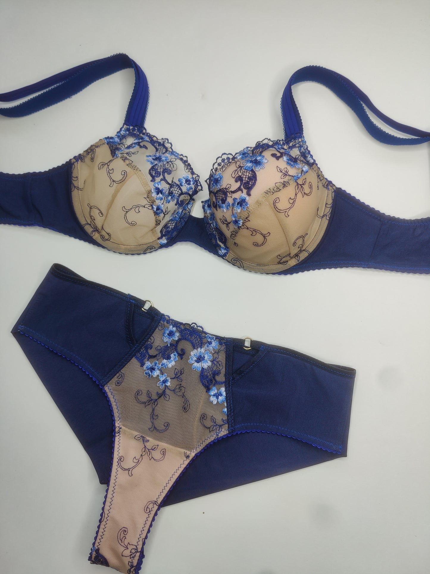 Sewing kit for 2 bras and panties or sewing package with two lace fabrics, microfiber, and powernet. Midnight blue. Sew your own bra and panties material. IDnsx1