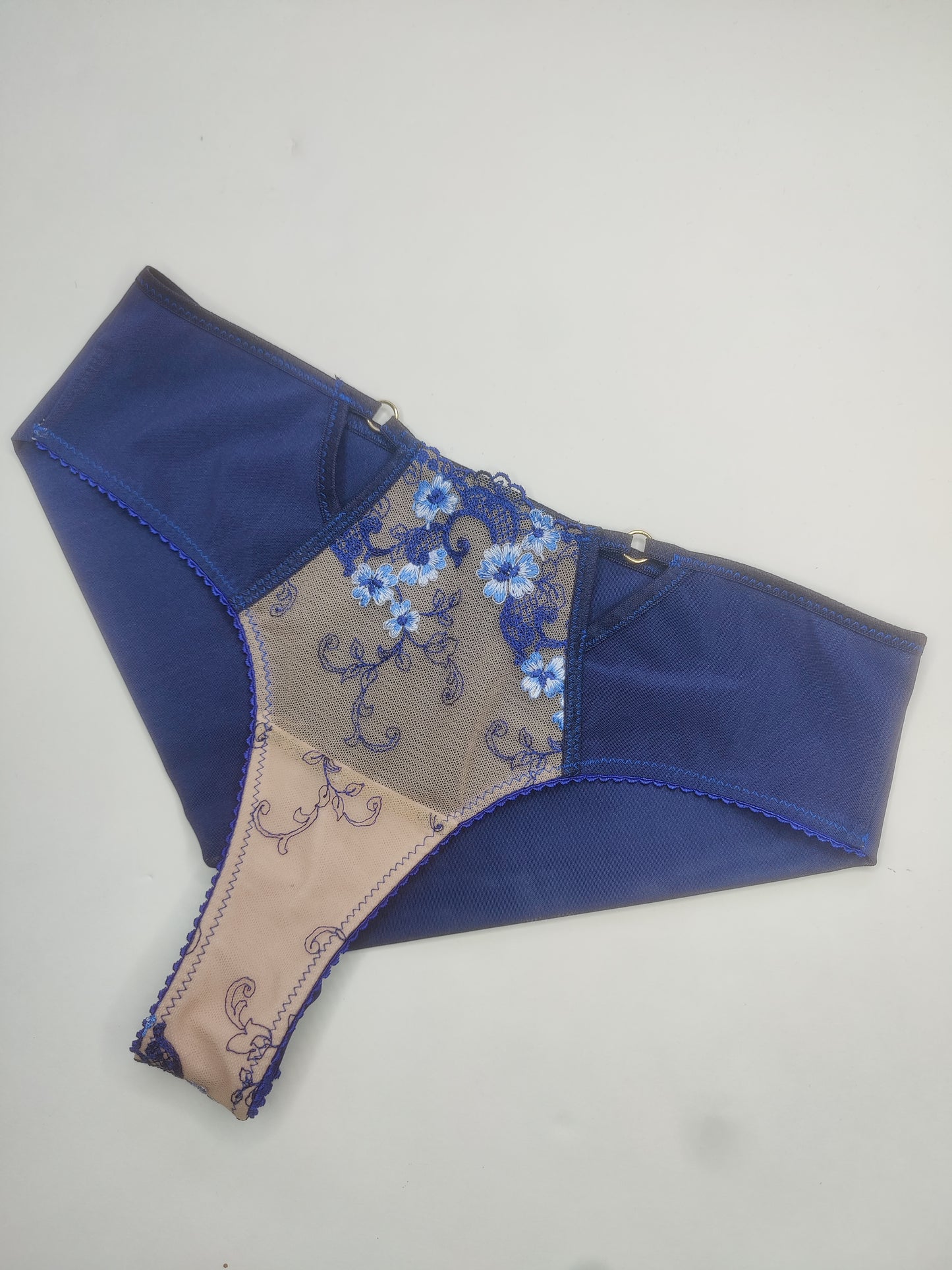Sewing kit for 2 bras and panties or sewing package with two lace fabrics, microfiber, and powernet. Midnight blue. Sew your own bra and panties material. IDnsx1