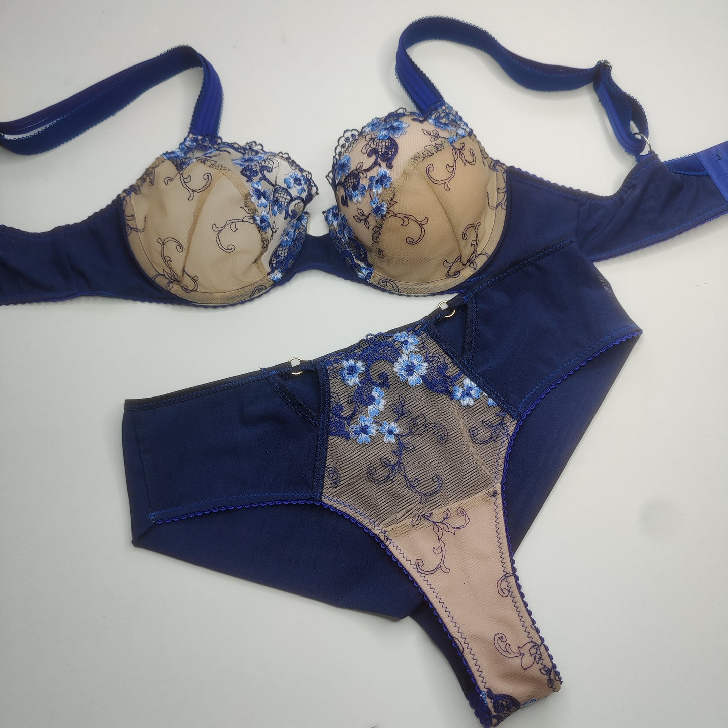 Sewing kit for 2 bras and panties or sewing package with two lace fabrics, microfiber, and powernet. Midnight blue. Sew your own bra and panties material. IDnsx1