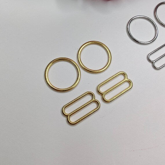 15 mm rings and sliders for straps, shoulder straps, metal straps, gold and silver. Suitable for swimwear IDrsx18