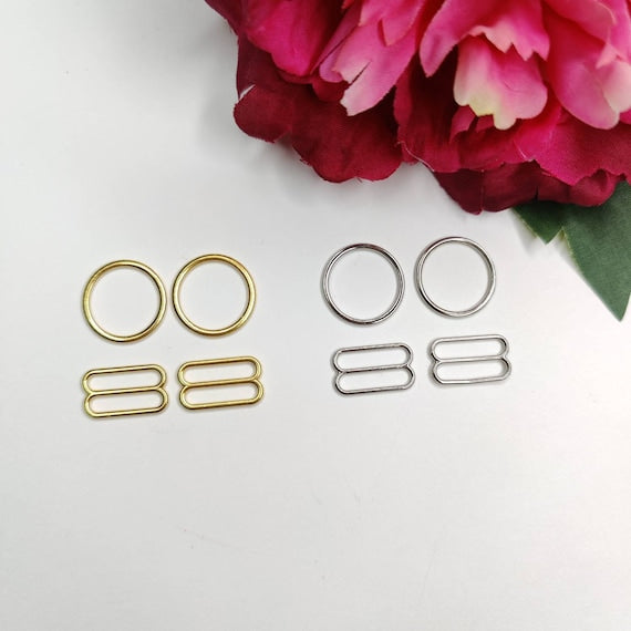 15 mm rings and sliders for straps, shoulder straps, metal straps, gold and silver. Suitable for swimwear IDrsx18