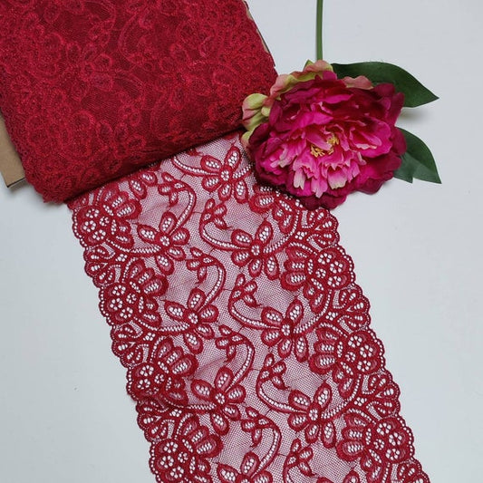 elastic <tc>lace</tc> dark red with flowers, price per 1/2 meter IDsx4