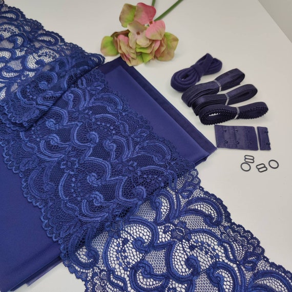 Sewing set for bra and panties / sewing package with <tc>lace</tc>, Powernet and tulle Midnight blue IDnsx1