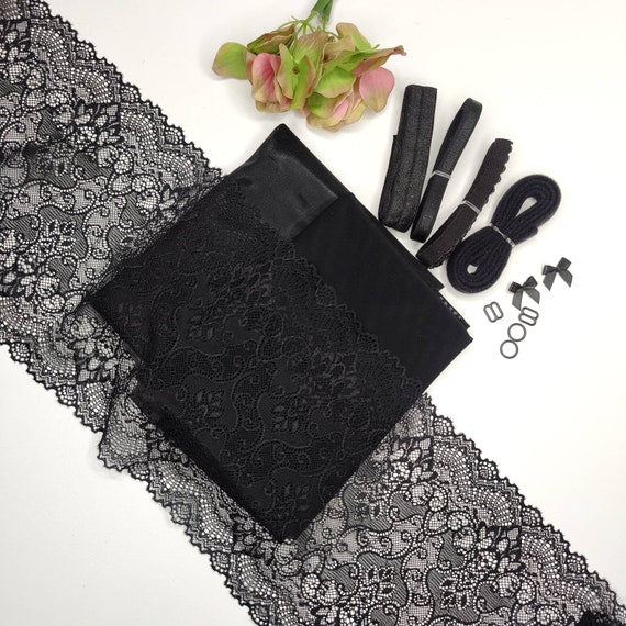 Lingerie creative package: sewing set for bra and panties / sewing package with <tc>lace</tc> in deep black IDnsx1