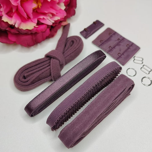 Haberdashery sewing set bra with underwired band, straps, underbust band, elastic band, bra closure in aubergine, crocus, purple IDbhkwx7