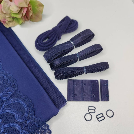 Sewing set for bra and panties / sewing package with <tc>lace</tc>, Powernet and tulle Midnight blue IDnsx1