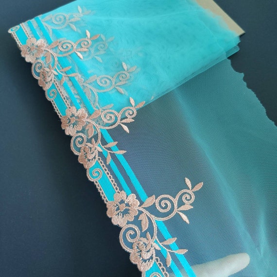 2 m elastic embroidery on tulle in turquoise, embroidery lace, IDstx9