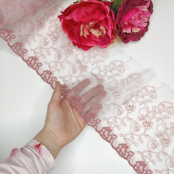 2 m embroidery on tulle in pink, embroidery lace, IDstx9