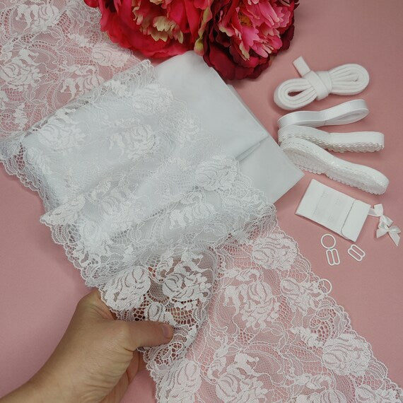 Bra + panties DIY sewing set / creative sewing package with <tc>lace</tc> and Powernet white IDnsx1