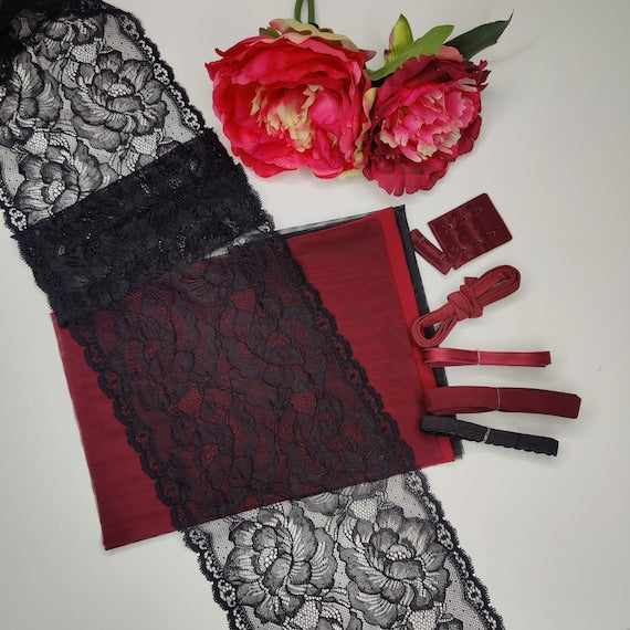 Kit da cucito fai da te reggiseno + mutandine Vineyard, kit da cucito lingerie pizzo e tulle