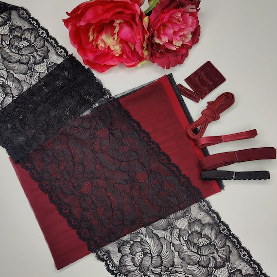 Kit da cucito fai da te reggiseno + mutandine Vineyard, kit da cucito lingerie pizzo e tulle