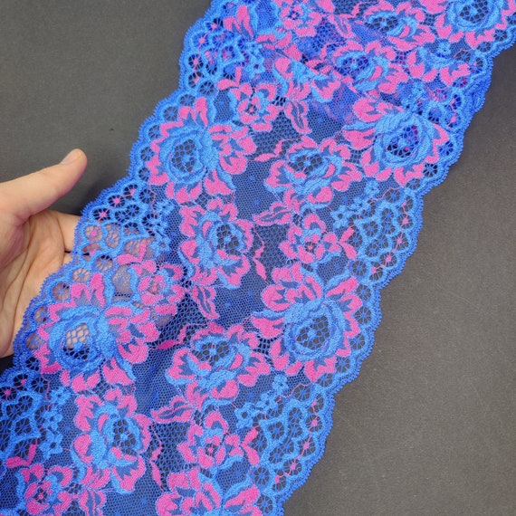 elastic <tc>lace</tc>, <tc>lace</tc>nborder sold by the meter in blue pink, price per 1/2 meter IDsx4